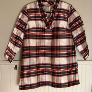 Crown & Ivy mini dress or tunic. Tartan plaid with metallic gold thread. Ruffle.